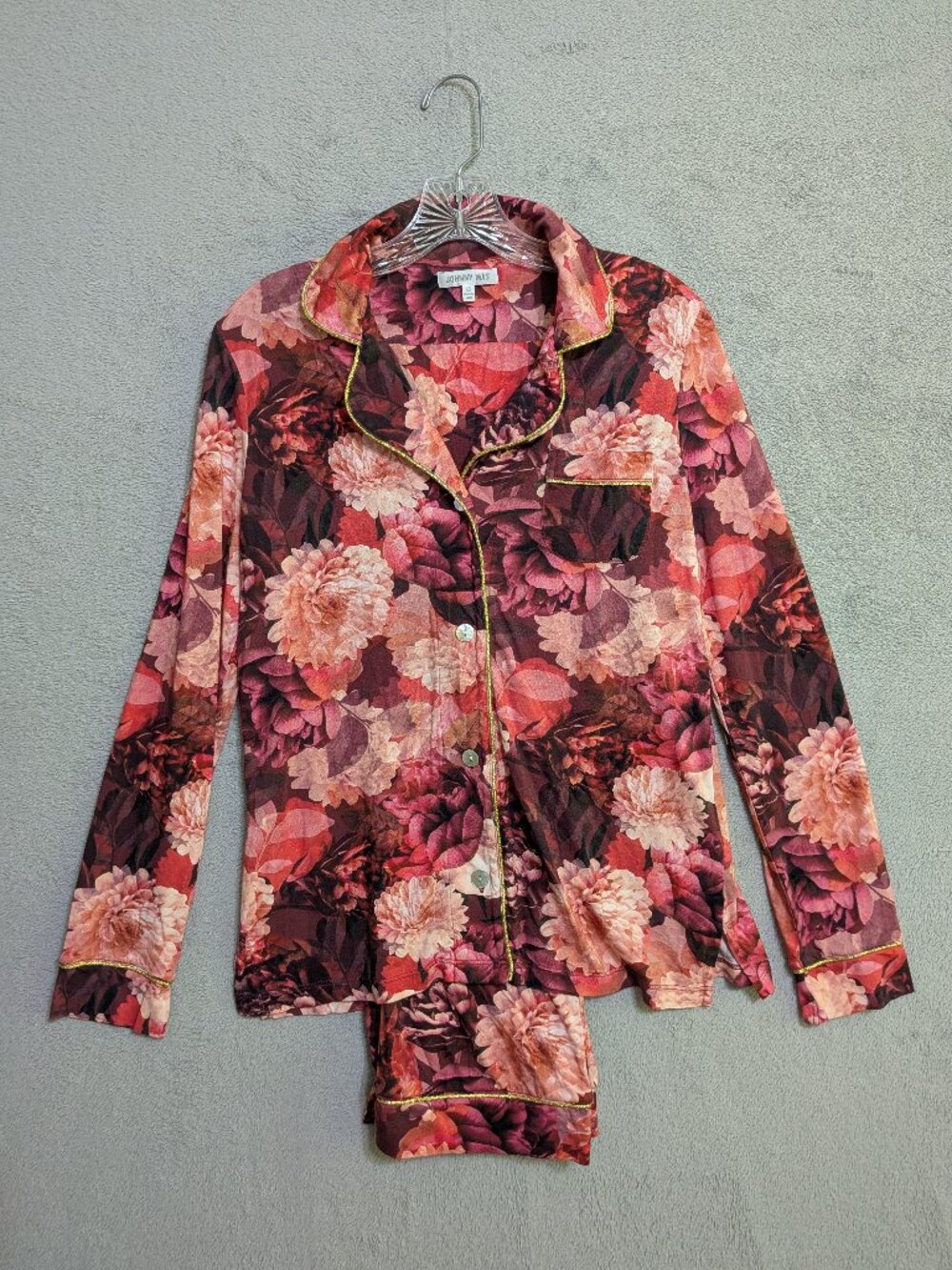 Johnny Was Carly Long Pajamas Lounge Set Rosas Red